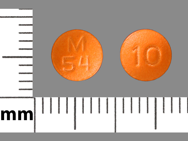 Orange Round pill with imprint M;54;10 — Thioridazine hydrochloride Thioridazine hydrochloride 10 mg; (view 2)
