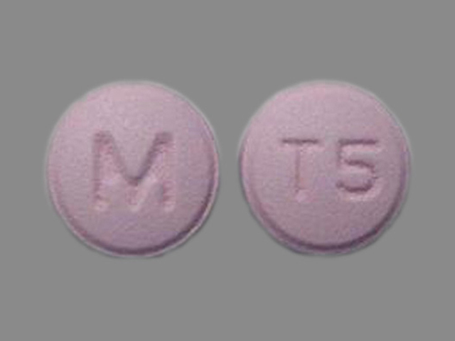 Purple Round pill with imprint M;T5 — Trifluoperazine hydrochloride Trifluoperazine hydrochloride 5 mg; (view 2)
