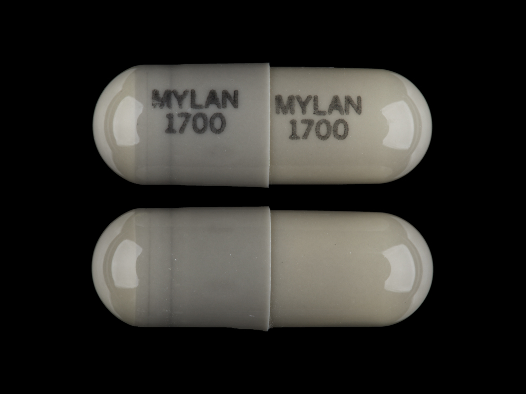 Gray Capsule pill with imprint MYLAN;1700 — Nitrofurantoin (macrocrystals) Nitrofurantoin 100 mg; (view 2)
