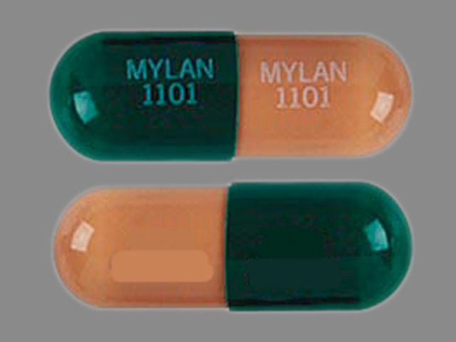 Green;brown Capsule pill with imprint MYLAN;1101 — Prazosin hydrochloride Prazosin hydrochloride 1 mg; (view 2)