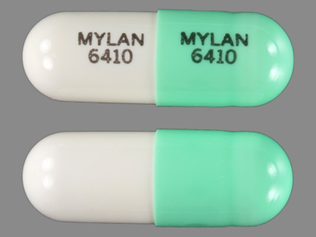 Green;white Capsule pill with imprint MYLAN;6410 — Doxepin hydrochloride Doxepin hydrochloride 100 mg; (view 2)