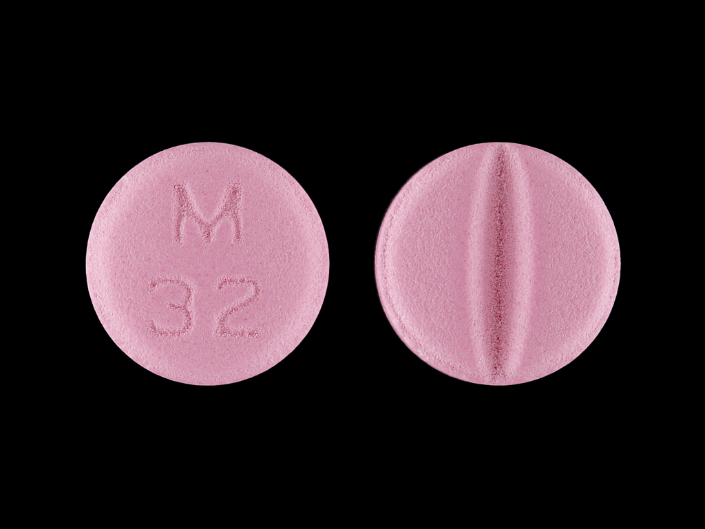Pink Round pill with imprint M;32 — Metoprolol tartrate Metoprolol tartrate 50 mg; (view 2)