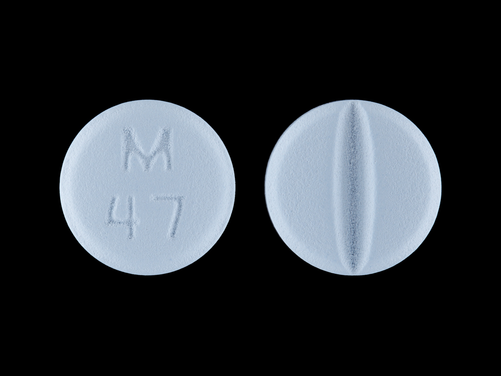 Blue Round pill with imprint M;47 — Metoprolol tartrate Metoprolol tartrate 100 mg; (view 2)