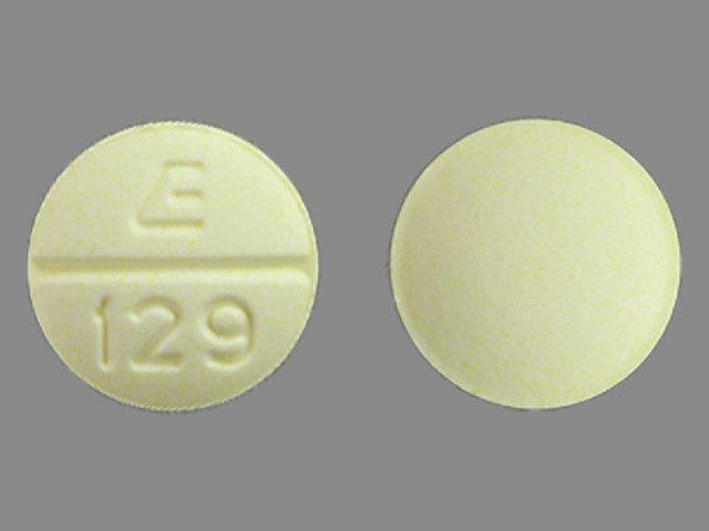 Yellow Round pill with imprint E;129 — Bumetanide Bumetanide 1 mg; (view 2)