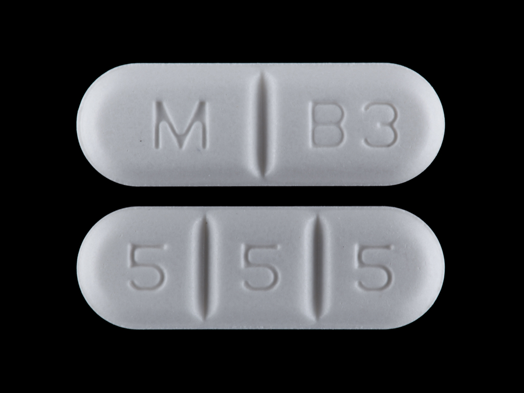 White Oval pill with imprint M;B3;5;5;5 — Buspirone hydrochloride 15 mg (view 4)