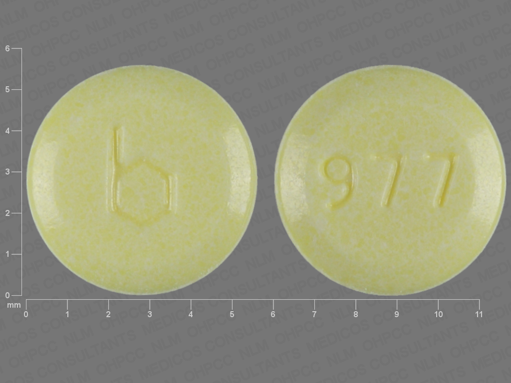 Yellow Round pill with imprint b;977 — {21 (ethinyl estradiol/norethindrone acetate 0.02 mg/1 mg (view 2)