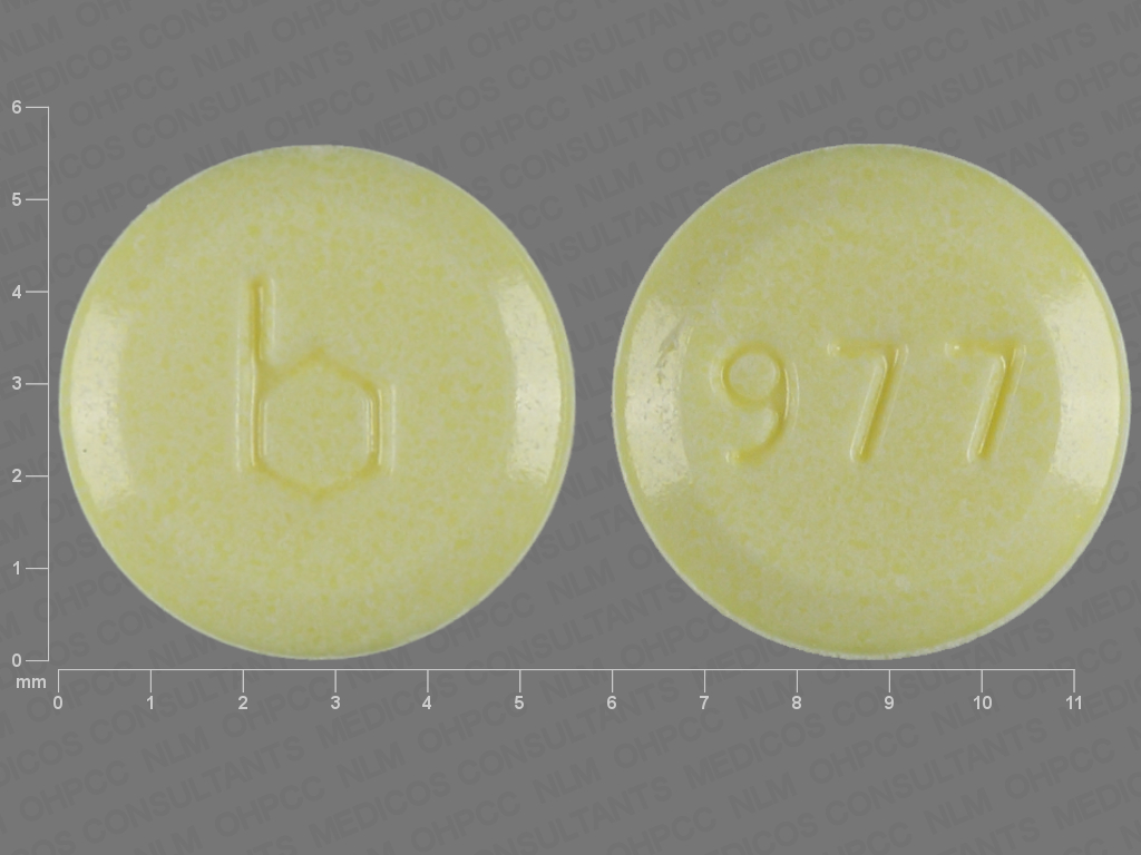 Yellow Round pill with imprint b;977 — {21 (ethinyl estradiol/norethindrone acetate/7 (ferrous fumarate 0.02 mg/1 mg/75 mg (view 2)