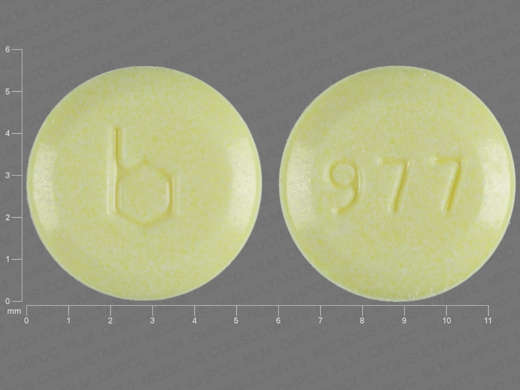 Yellow Round pill with imprint b;977 — {21 (ethinyl estradiol/norethindrone acetate/7 (ferrous fumarate 0.02 mg/1 mg/75 mg (view 3)