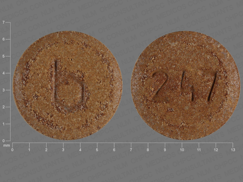 Brown Round pill with imprint b;247 — {21 (ethinyl estradiol/norethindrone acetate/7 (ferrous fumarate 0.02 mg/1 mg/75 mg (view 10)
