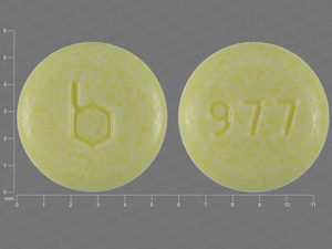 Yellow Round pill with imprint b;977 — {21 (ethinyl estradiol/norethindrone acetate/7 (ferrous fumarate 0.02 mg/1 mg/75 mg (view 4)