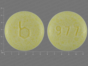 Yellow Round pill with imprint b;977 — {21 (ethinyl estradiol/norethindrone acetate/7 (ferrous fumarate 0.02 mg/1 mg/75 mg (view 5)