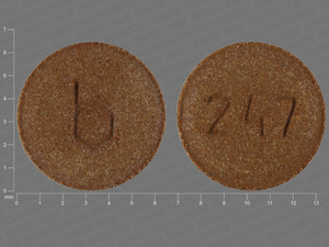 Brown Round pill with imprint b;247 — {21 (ethinyl estradiol/norethindrone acetate/7 (ferrous fumarate 0.02 mg/1 mg/75 mg (view 9)
