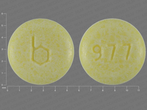 Yellow Round pill with imprint b;977 — {21 (ethinyl estradiol/norethindrone acetate 0.02 mg/1 mg (view 3)