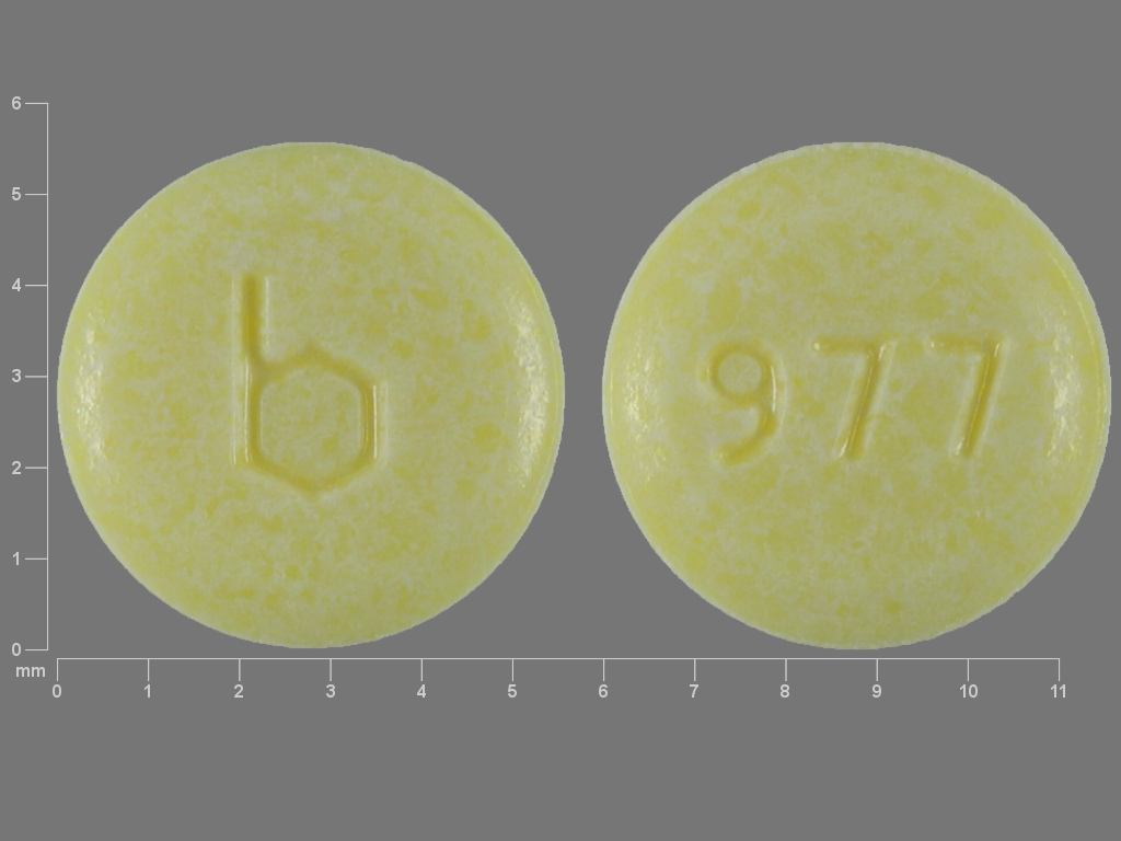 Yellow Round pill with imprint b;977 — Loestrin Norethindrone acetate 1 mg;ethinyl estradiol 20 ug; (view 2)