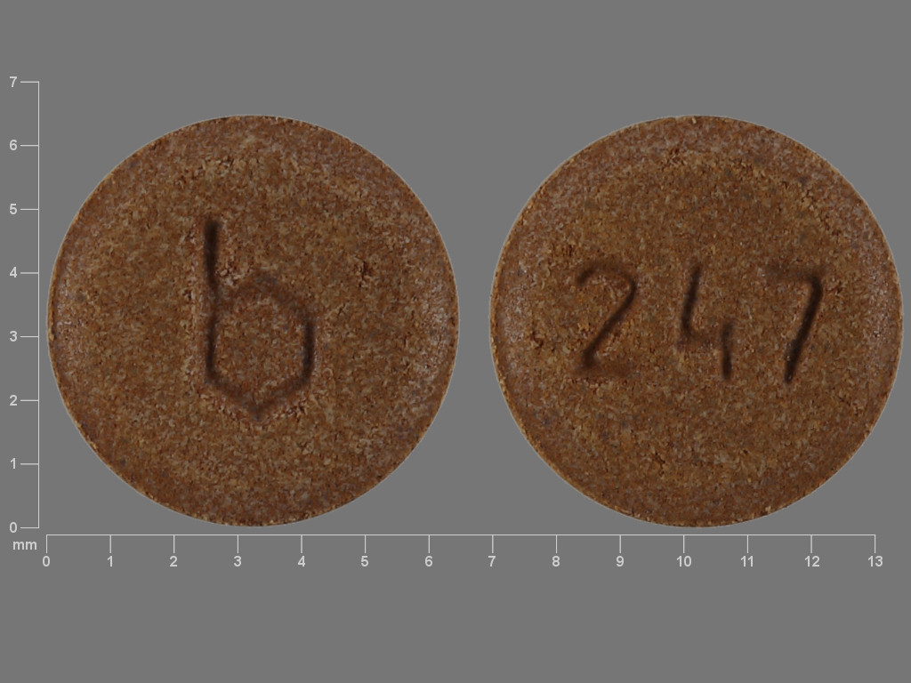 Brown Round pill with imprint b;247 — Loestrin (view 4)
