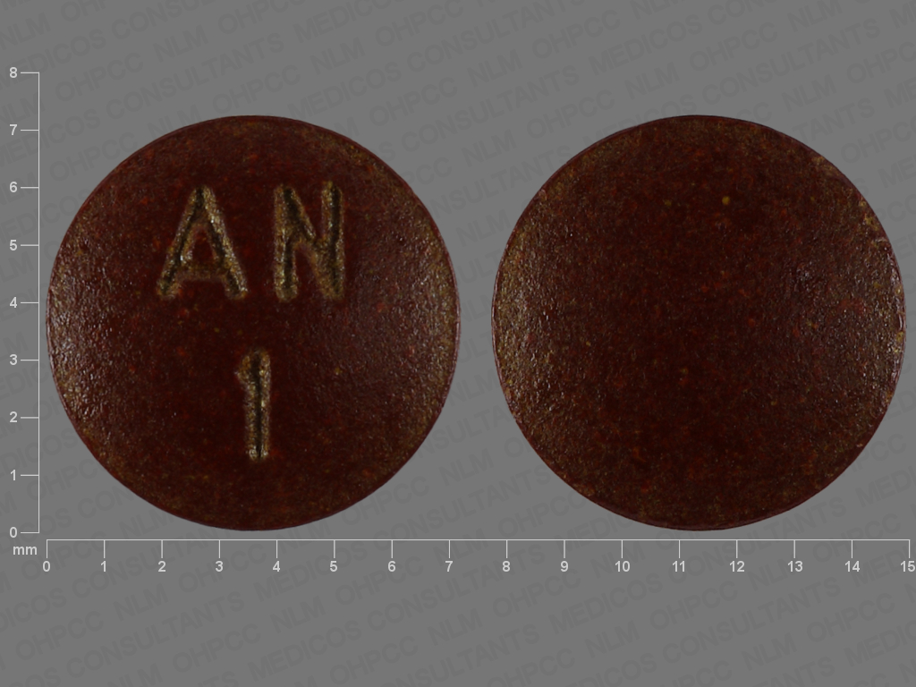 Brown Round pill with imprint AN;1 — Phenazopyridine hydrochloride Phenazopyridine hydrochloride 100 mg; (view 2)