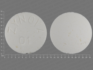 White Round pill with imprint ZYNOVA;01 — Neomycin sulfate Neomycin sulfate 350 mg; (view 3)