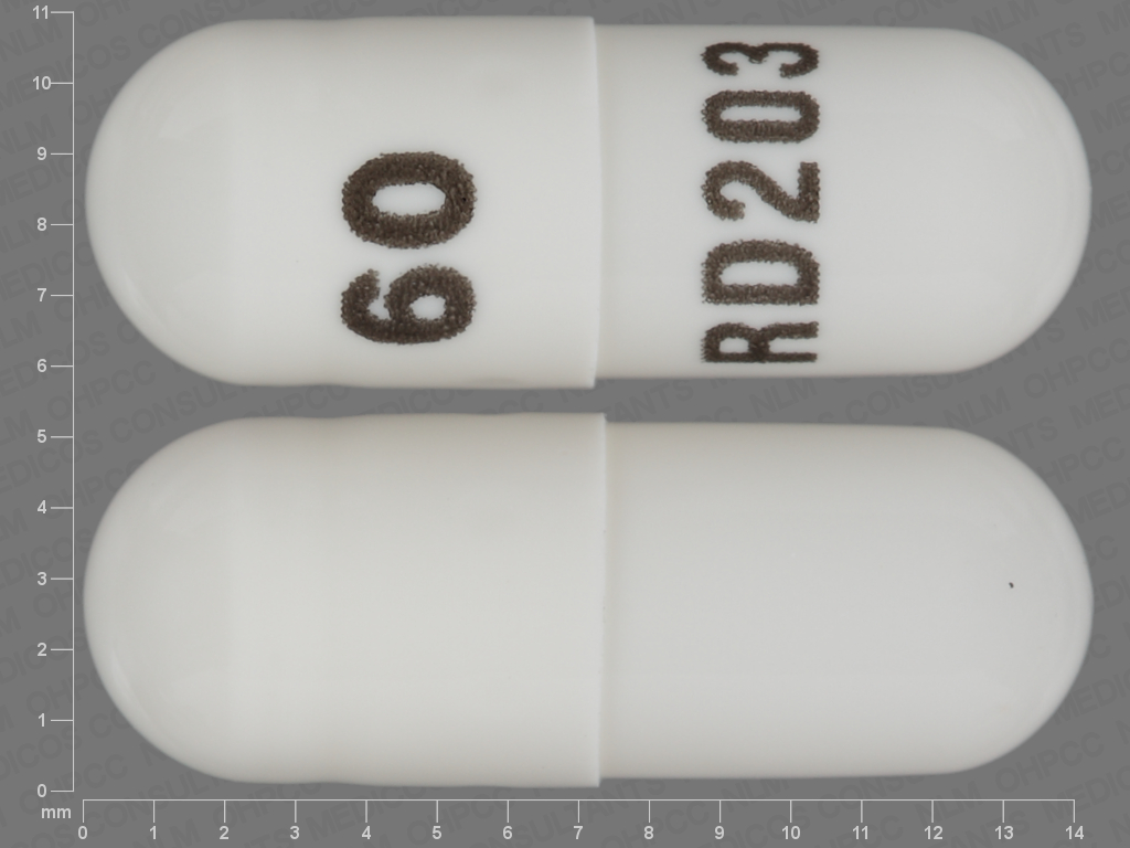 White Capsule pill with imprint 60;RD203 — Propranolol hydrochloride Propranolol hydrochloride 60 mg; (view 2)
