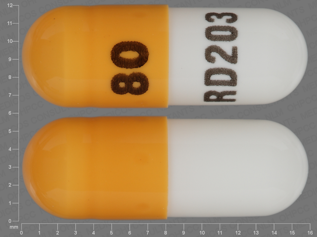 Orange;white Capsule pill with imprint 80;RD203 — Propranolol hydrochloride Propranolol hydrochloride 80 mg; (view 2)