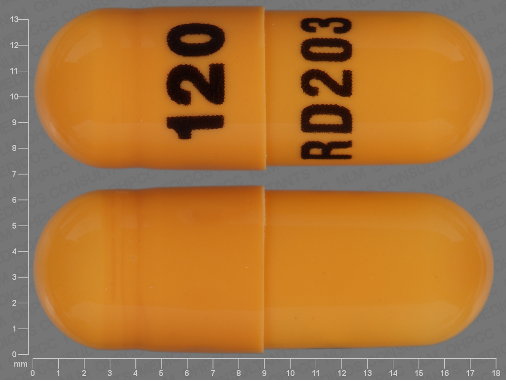 Orange Capsule pill with imprint 120;RD203 — Propranolol hydrochloride Propranolol hydrochloride 120 mg; (view 2)