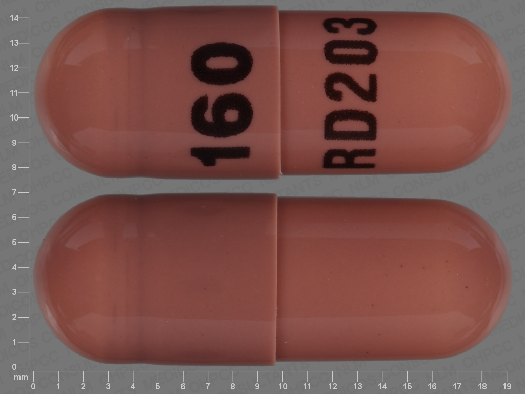 Brown Capsule pill with imprint 160;RD203 — Propranolol hydrochloride Propranolol hydrochloride 160 mg; (view 2)