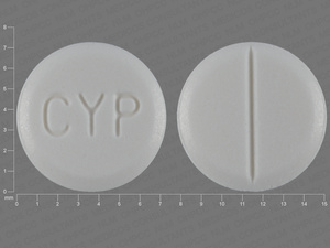 White Round pill with imprint CYP — Cyproheptadine hydrochloride Cyproheptadine hydrochloride 4 mg; (view 3)