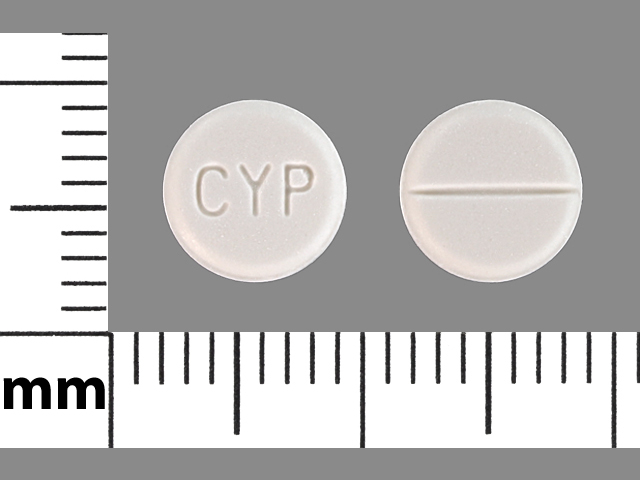 White Round pill with imprint CYP — Cyproheptadine hydrochloride Cyproheptadine hydrochloride 4 mg; (view 2)