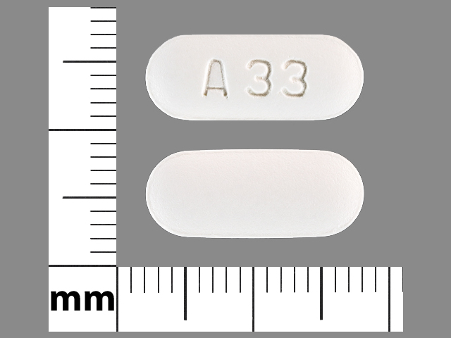White Oval pill with imprint A33 — Cefuroxime axetil Cefuroxime axetil 250 mg; (view 2)