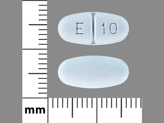 Blue Oval pill with imprint E;10 — Levetiracetam Levetiracetam 250 mg; (view 2)