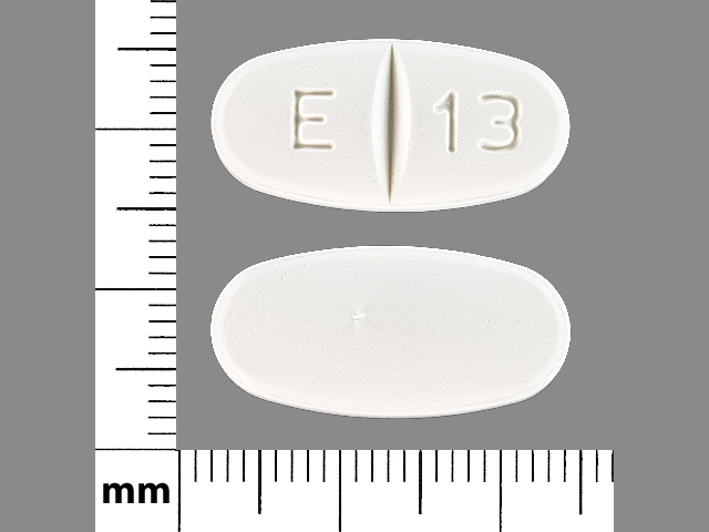 White Oval pill with imprint E;13 — Levetiracetam Levetiracetam 1000 mg; (view 2)