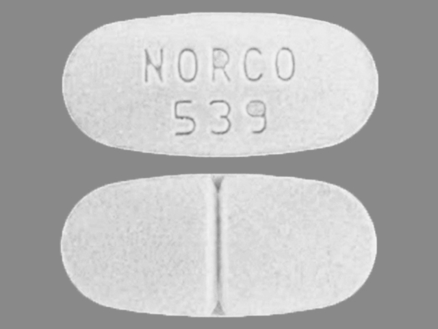 Yellow Oval pill with imprint NORCO;539 — Norco Hydrocodone bitartrate 10 mg / acetaminophen 325 mg (view 2)