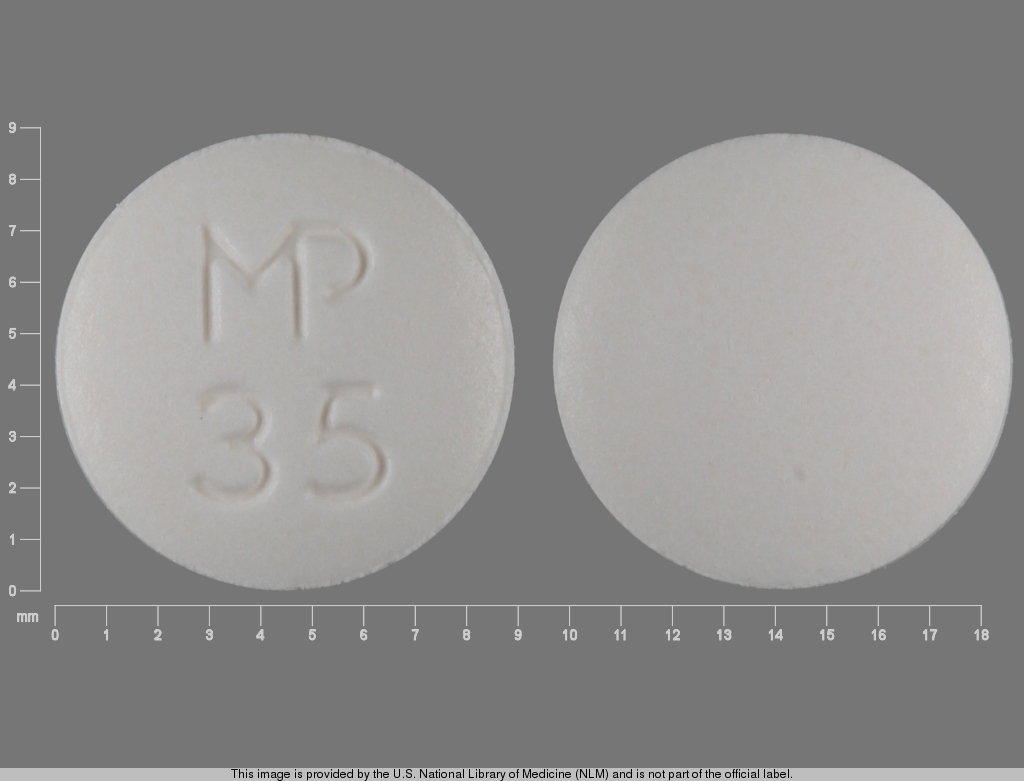 White Round pill with imprint MP;35 — Spironolactone 25 mg (view 2)