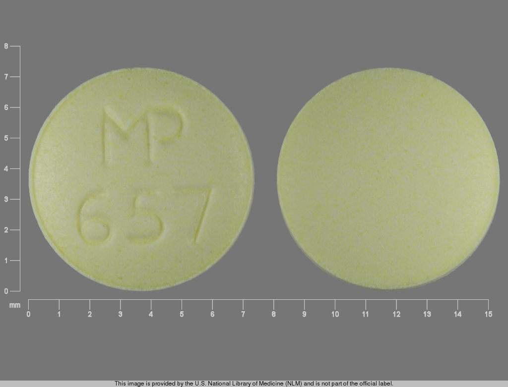 Yellow Round pill with imprint MP;657 — Clonidine hydrochloride 0.1 mg (view 2)