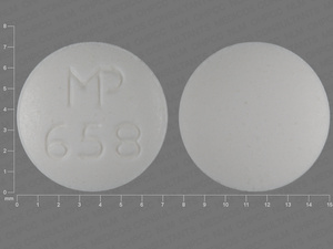 White Round pill with imprint MP;658 — Clonidine hydrochloride Clonidine hydrochloride 0.2 mg; (view 2)