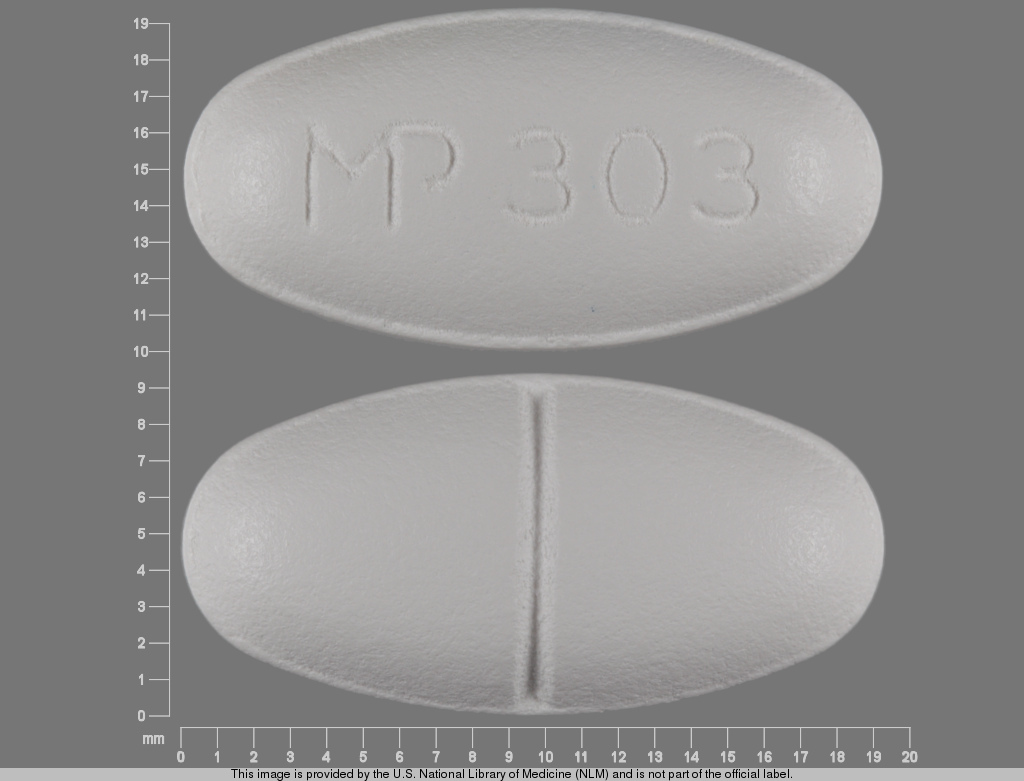 White Oval pill with imprint MP;303 — Spironolactone 100 mg (view 2)