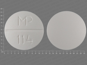 White Round pill with imprint MP;114 — Trazodone hydrochloride Trazodone hydrochloride 100 mg; (view 2)