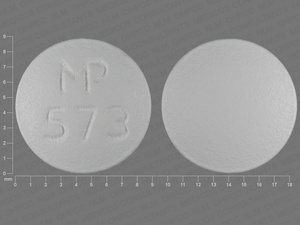 White Round pill with imprint MP;573 — Doxycycline hyclate Doxycycline hyclate 20 mg; (view 2)