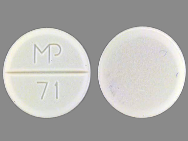 White Round pill with imprint MP;71 — Allopurinol 100 mg (view 2)
