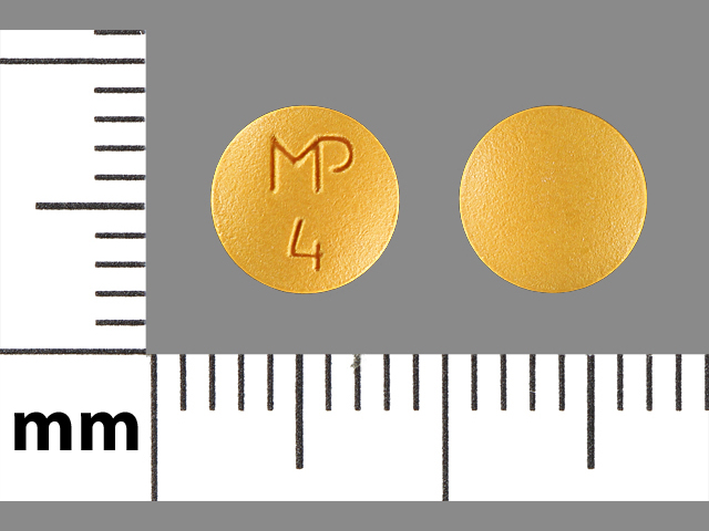 Yellow Round pill with imprint MP;4 — Imipramine hydrochloride Imipramine hydrochloride 10 mg; (view 2)
