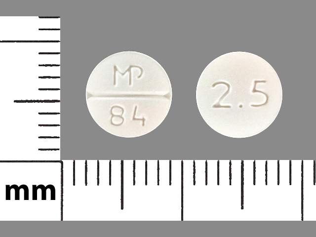 White Round pill with imprint 2;5;MP;84 — Minoxidil Minoxidil 2.5 mg; (view 2)