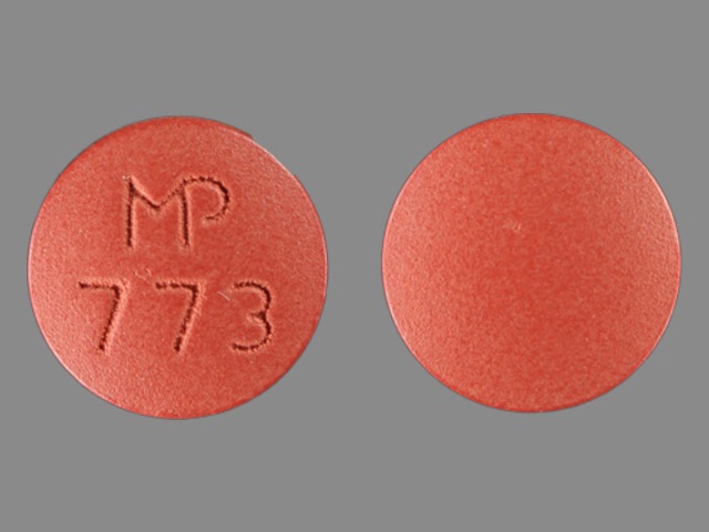 Red Round pill with imprint MP;773 — Felodipine 10 mg (view 3)