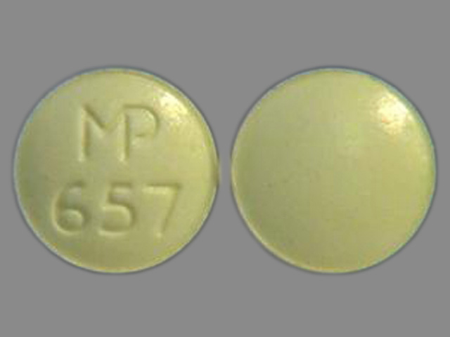 Yellow Round pill with imprint MP;657 — Clonidine hydrochloride 0.1 mg (view 3)