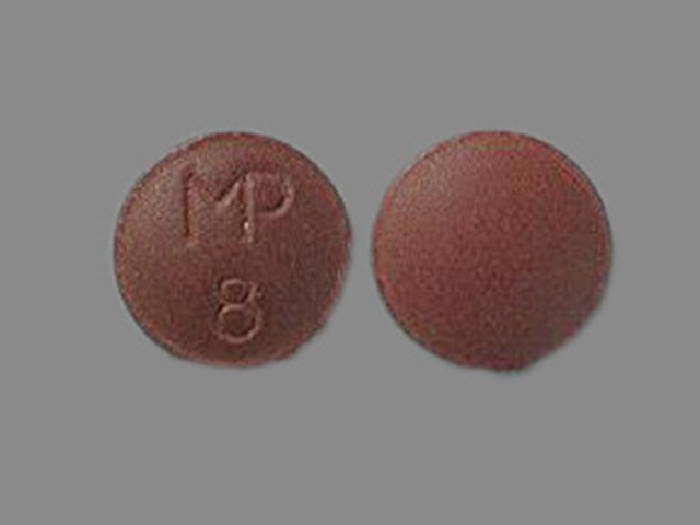 Brown Round pill with imprint MP;8 — Imipramine hydrochloride Imipramine hydrochloride 25 mg; (view 3)