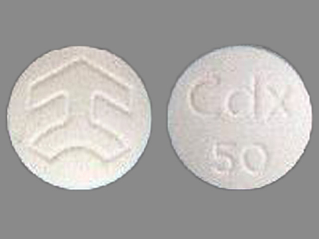 White Round pill with imprint CDX50 — Casodex Bicalutamide 50 mg; (view 2)