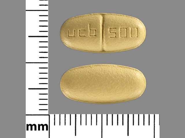Yellow Oval pill with imprint ucb;500 — Keppra Levetiracetam 500 mg; (view 2)