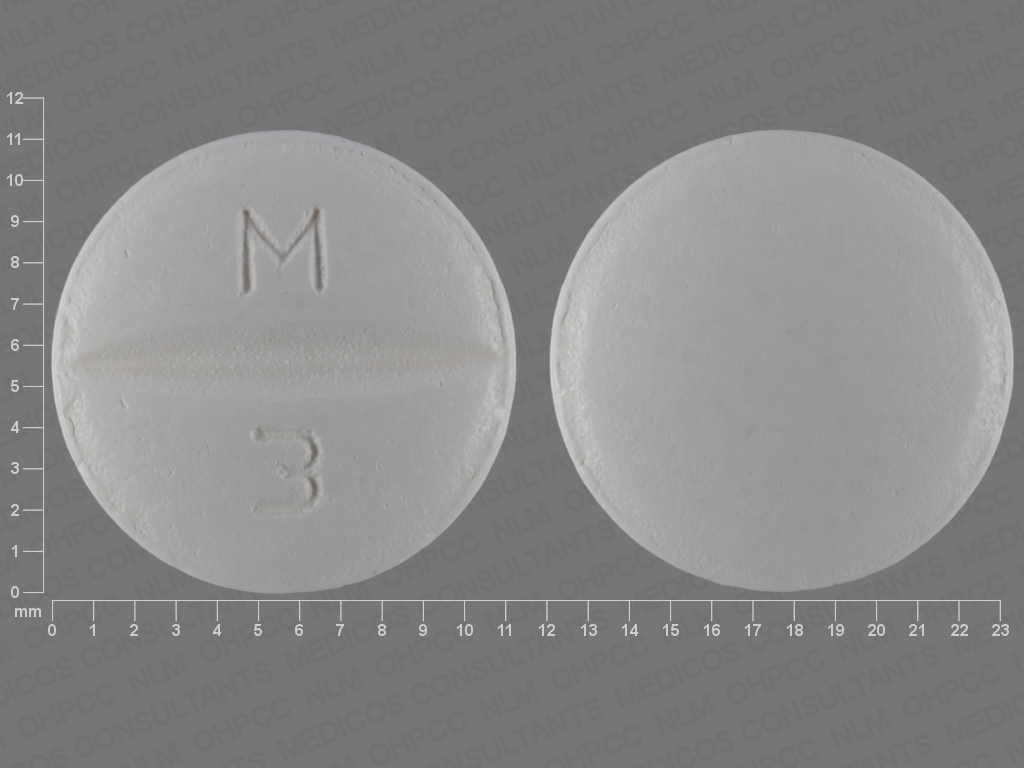 White Round pill with imprint M;3 — Metoprolol succinate Metoprolol succinate 100 mg; (view 3)