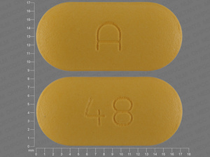 Yellow Oval pill with imprint A;48 — Glyburide/metformin hydrochloride 5 mg/500 mg (view 2)