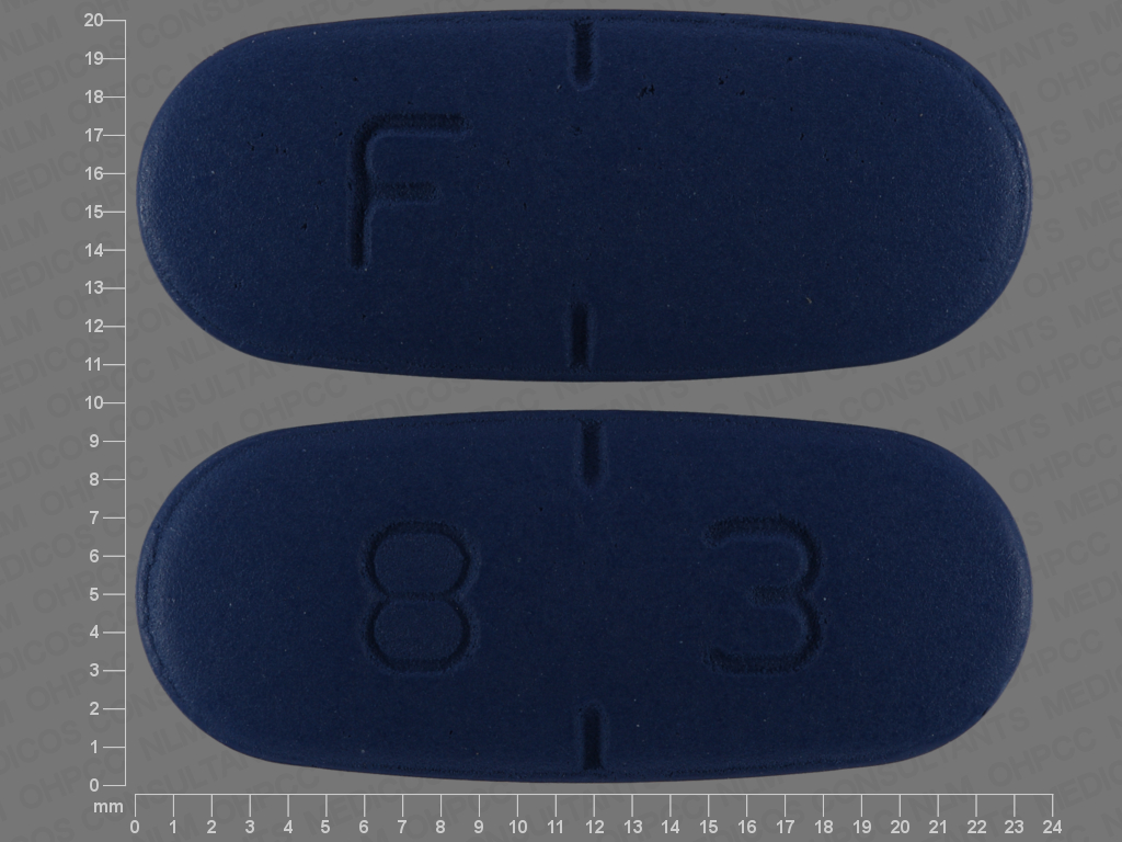 Blue Capsule pill with imprint F;8;3 — Valacyclovir hydrochloride Valacyclovir hydrochloride 1 g; (view 2)