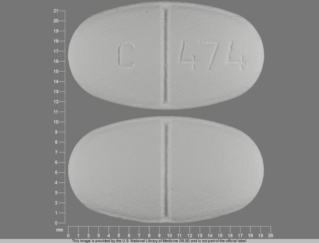 White Oval pill with imprint C;474 — Metformin hydrochloride 1000 mg (view 2)