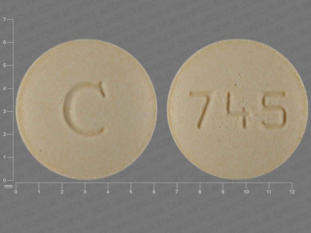 Yellow Round pill with imprint 745;C — Repaglinide Repaglinide 1 mg; (view 3)